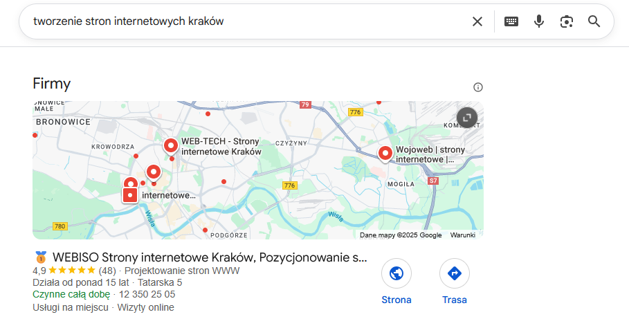 Wyniki Google dla „tworzenie stron internetowych Kraków” z mapą lokalnych firm.