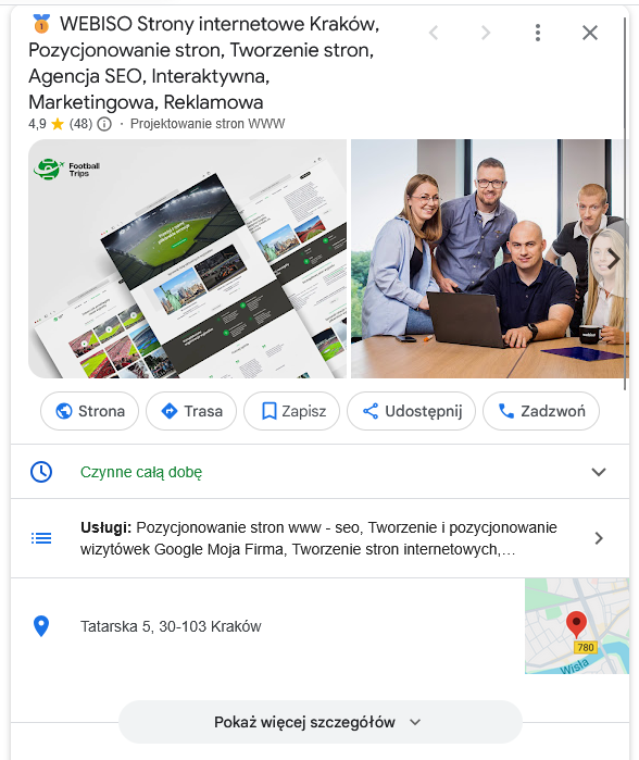 Widok wizytówki firmy w Google Moja Firma