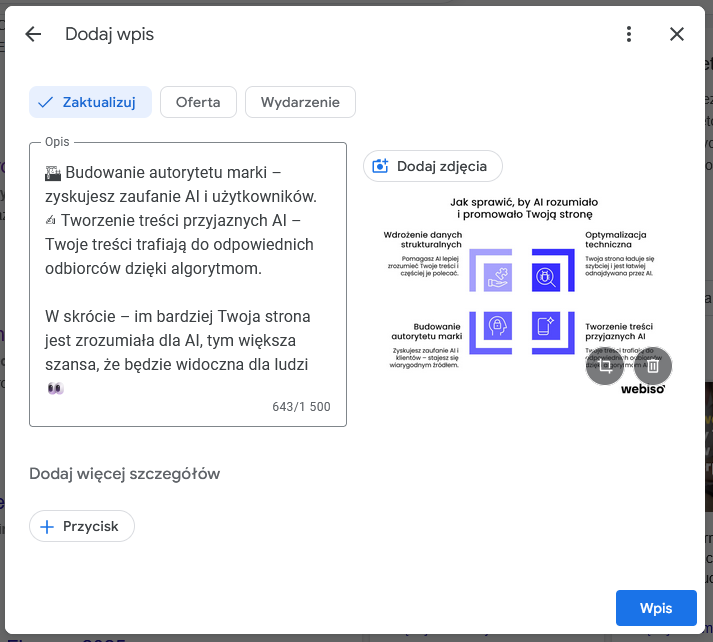 Dodawanie aktualizacji na wizytówce Google