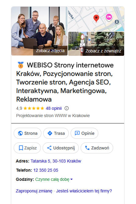 Widok mojej wizytówki Google